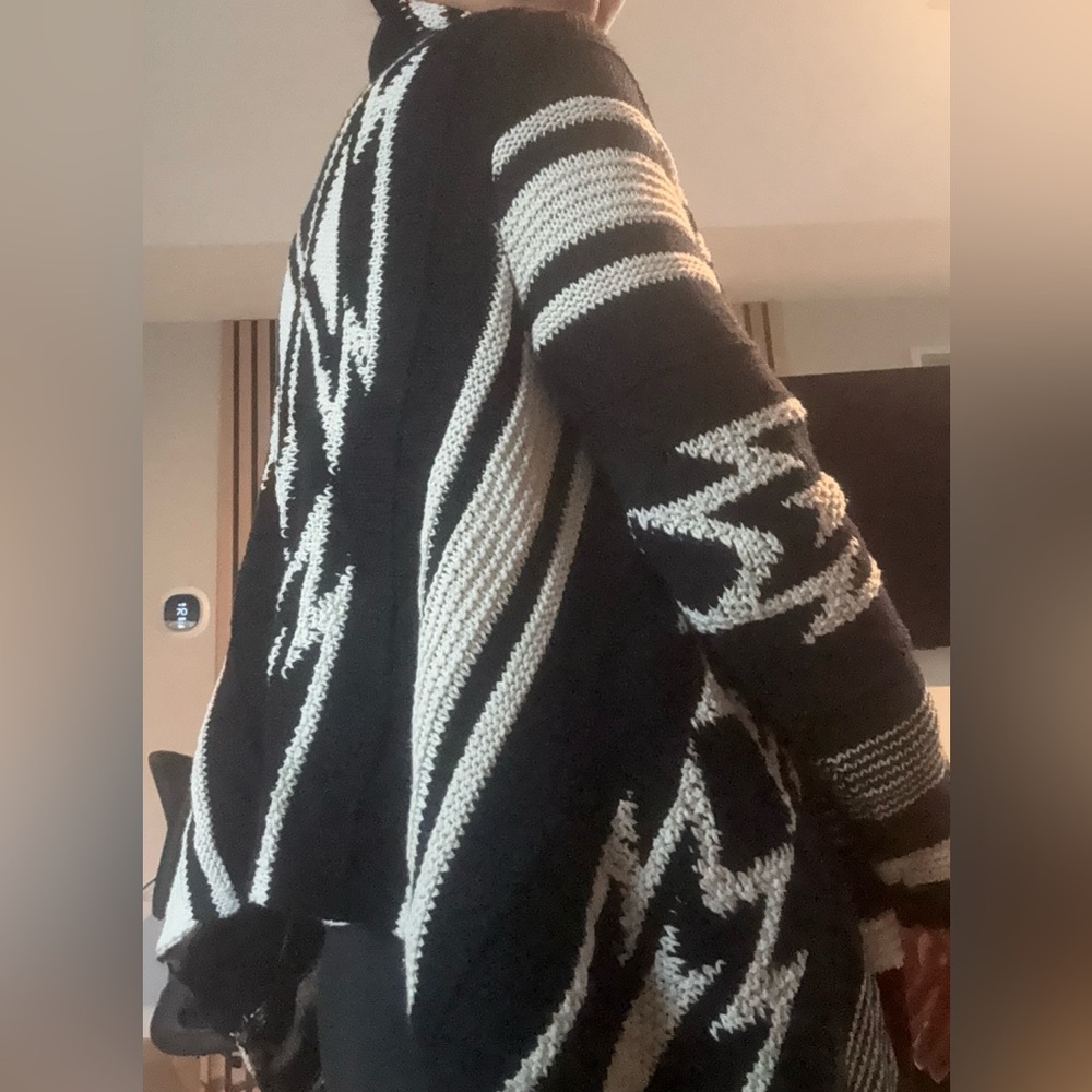 Black and White Striped Women's Wrap Cardigan Sweater - Picture 4 of 6